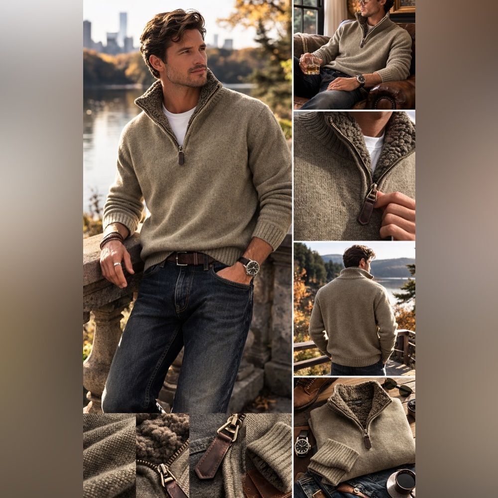 Oscar de la Renta Men’s Quarter Zip Knit Sweater | Leather Pull | Quiet Luxury - Picture 5 of 10
